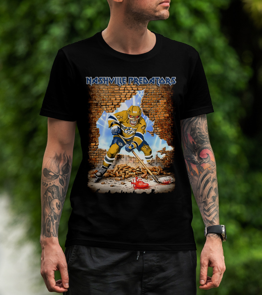 Nashville Predators Hockey Player Smashing Through Brick Wall With Heart And Lightning T-Shirt