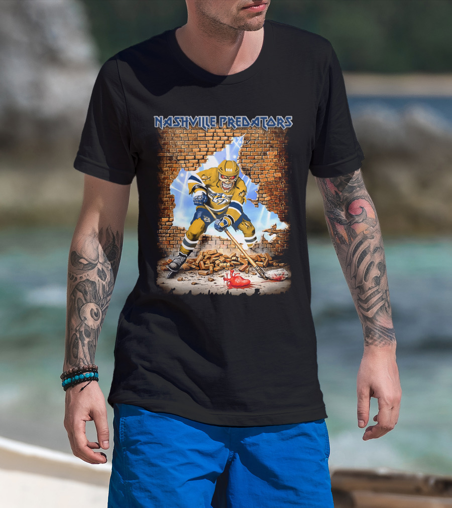 Nashville Predators Hockey Player Smashing Through Brick Wall With Heart And Lightning T-Shirt