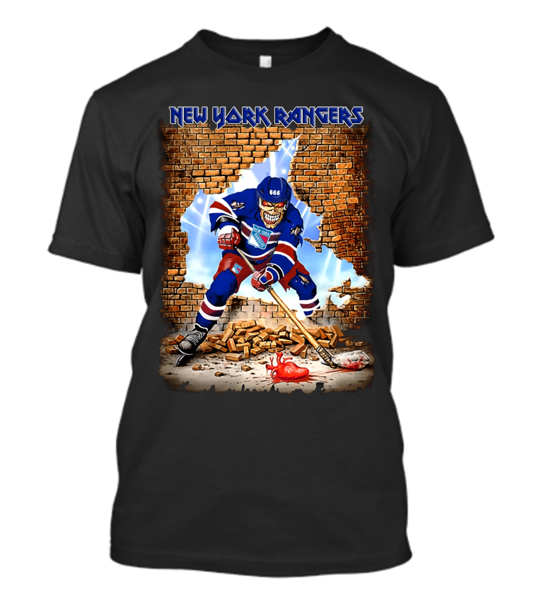New York Rangers Hockey Skeleton Breaking Through Wall T-Shirt