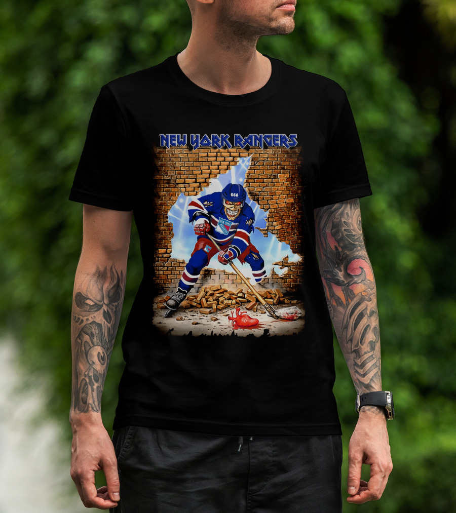 New York Rangers Hockey Skeleton Breaking Through Wall T-Shirt
