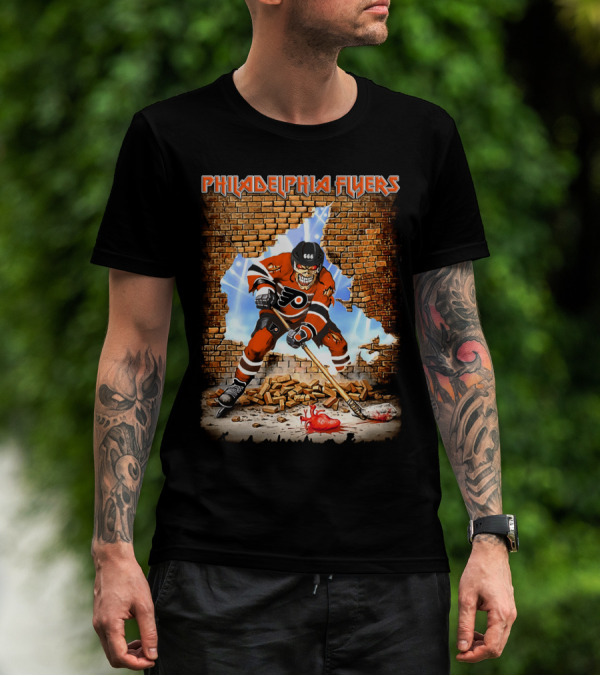 Philadelphia Flyers Skeleton Hockey Player Breaking Wall T-Shirt