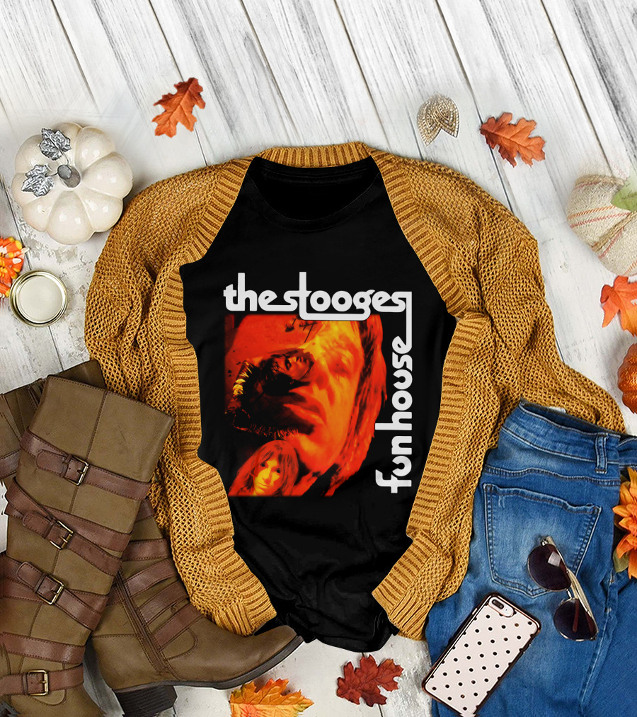 The Stooges Fun House 1970 Album Cover Art with Band Faces in Red and Orange T-Shirt