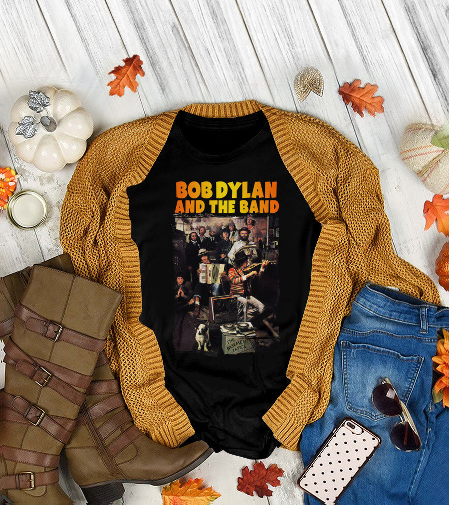 Bob Dylan and The Band The Basement Tapes Group Photo with Instruments and Dog T-Shirt