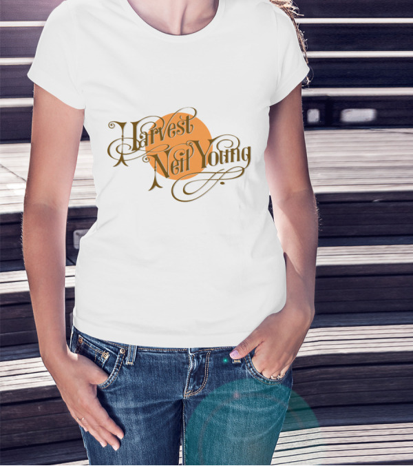 Neil Young Harvest Vintage Script Text With Orange Circle T-Shirt