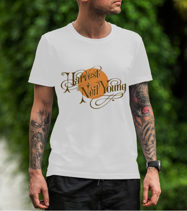 Neil Young Harvest Vintage Script Text With Orange Circle T-Shirt
