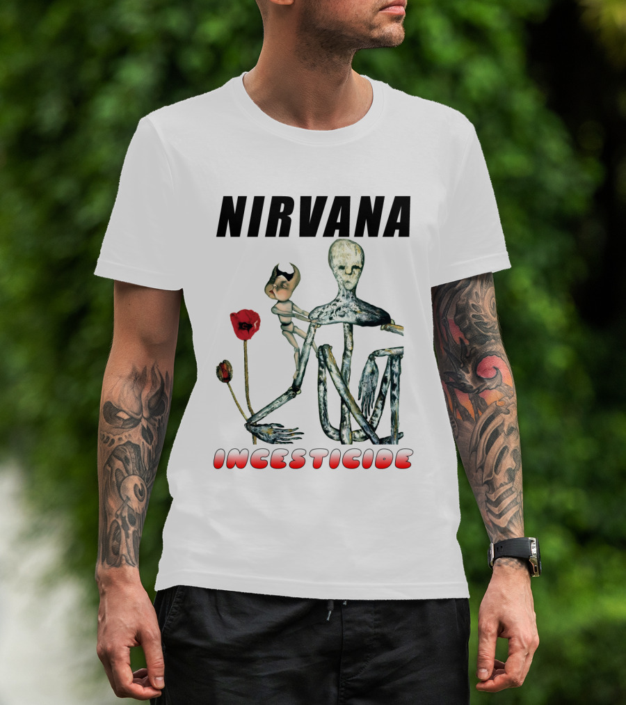 Nirvana Incesticide Album Cover Art With Surreal Skeleton Figure And Red Flowers T-Shirt