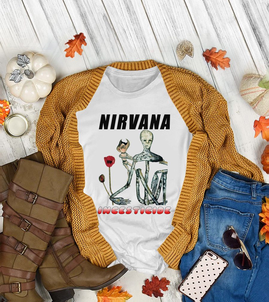 Nirvana Incesticide Album Cover Art With Surreal Skeleton Figure And Red Flowers T-Shirt