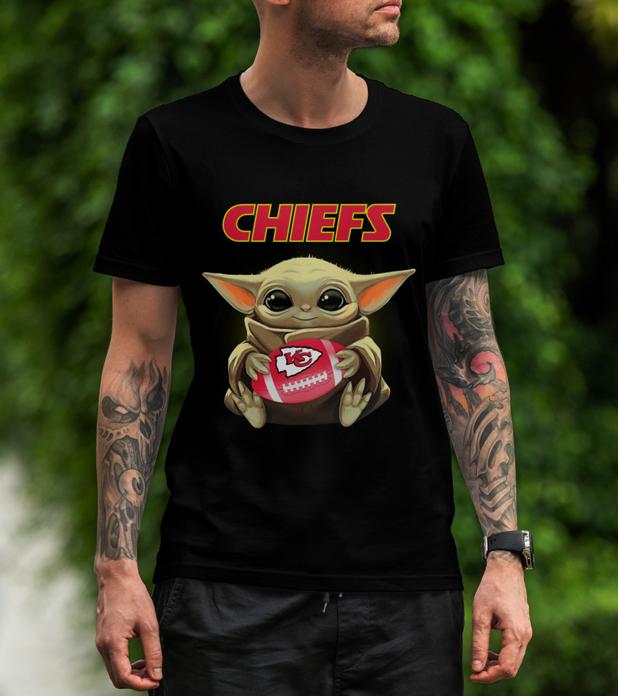 Chiefs Baby Yoda Holding Kansas City Football T-Shirt