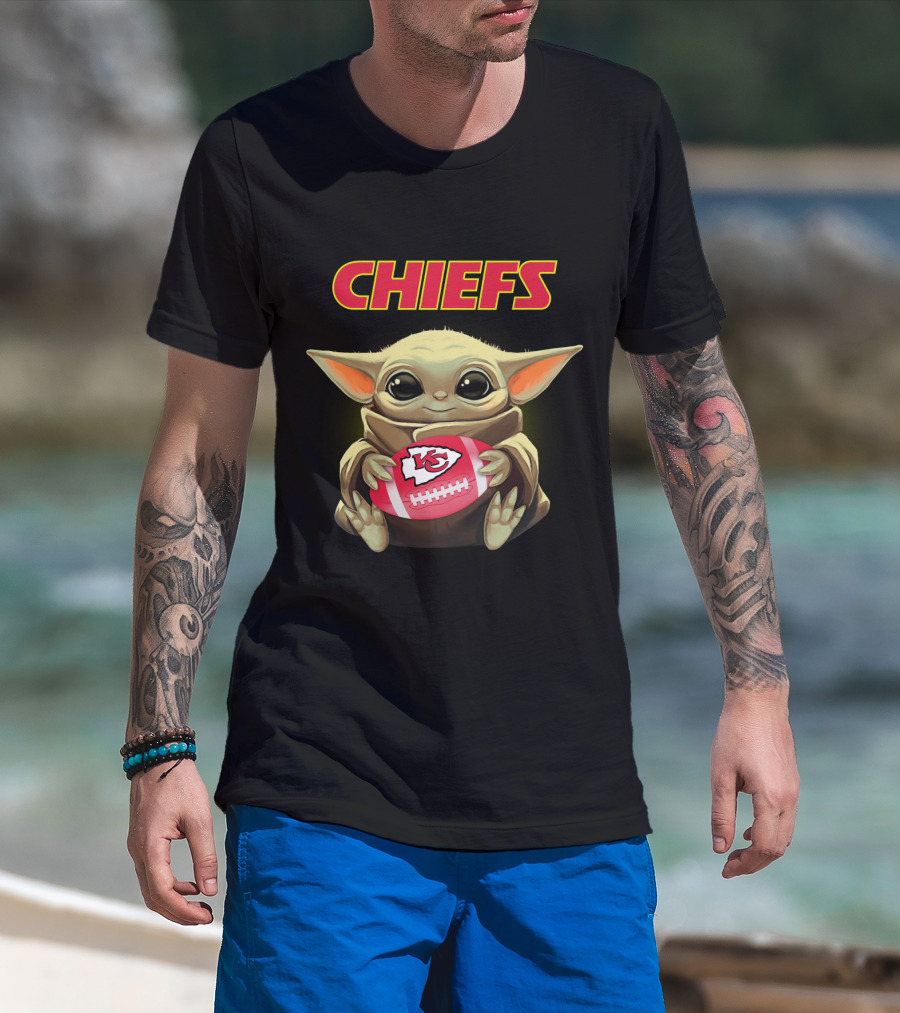 Chiefs Baby Yoda Holding Kansas City Football T-Shirt