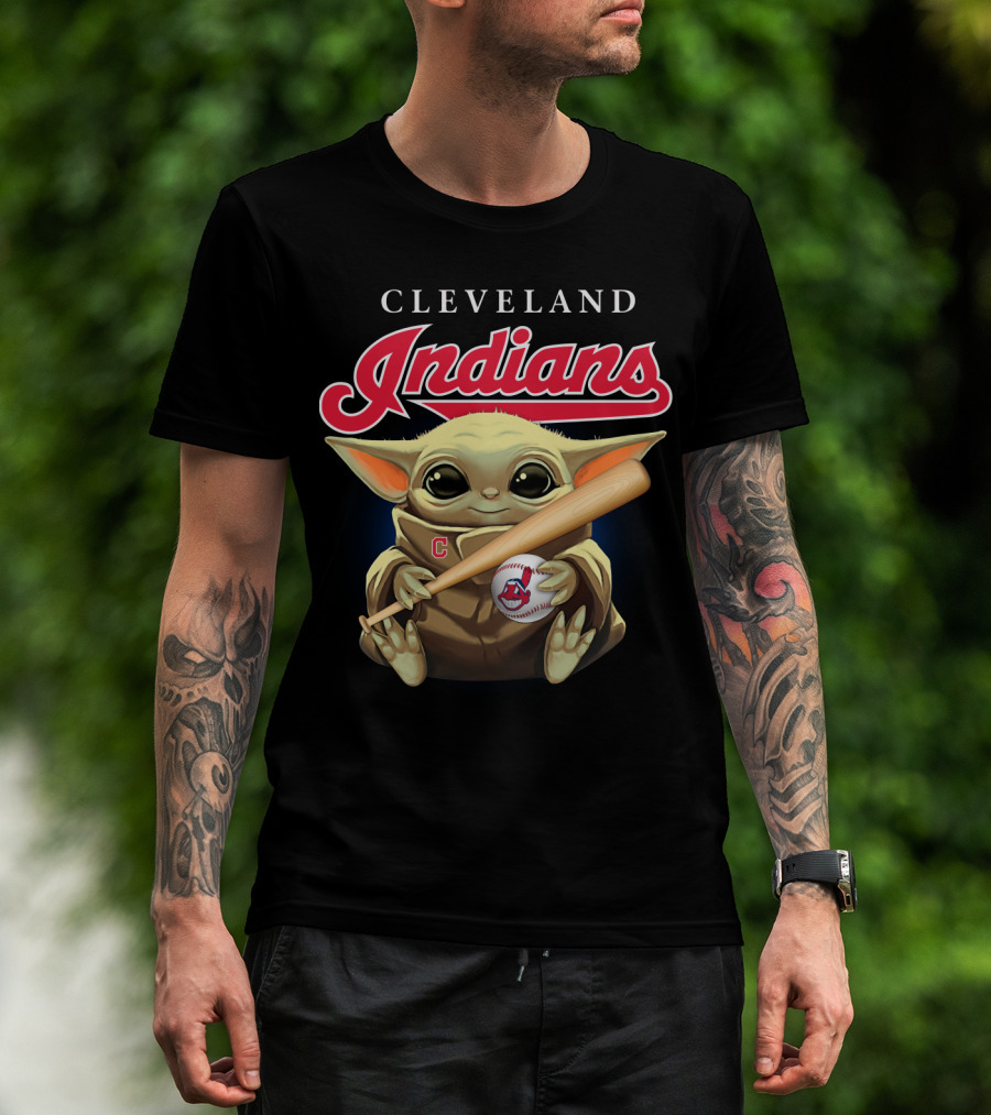 Cleveland Indians Baby Yoda Baseball Bat And Ball T-Shirt