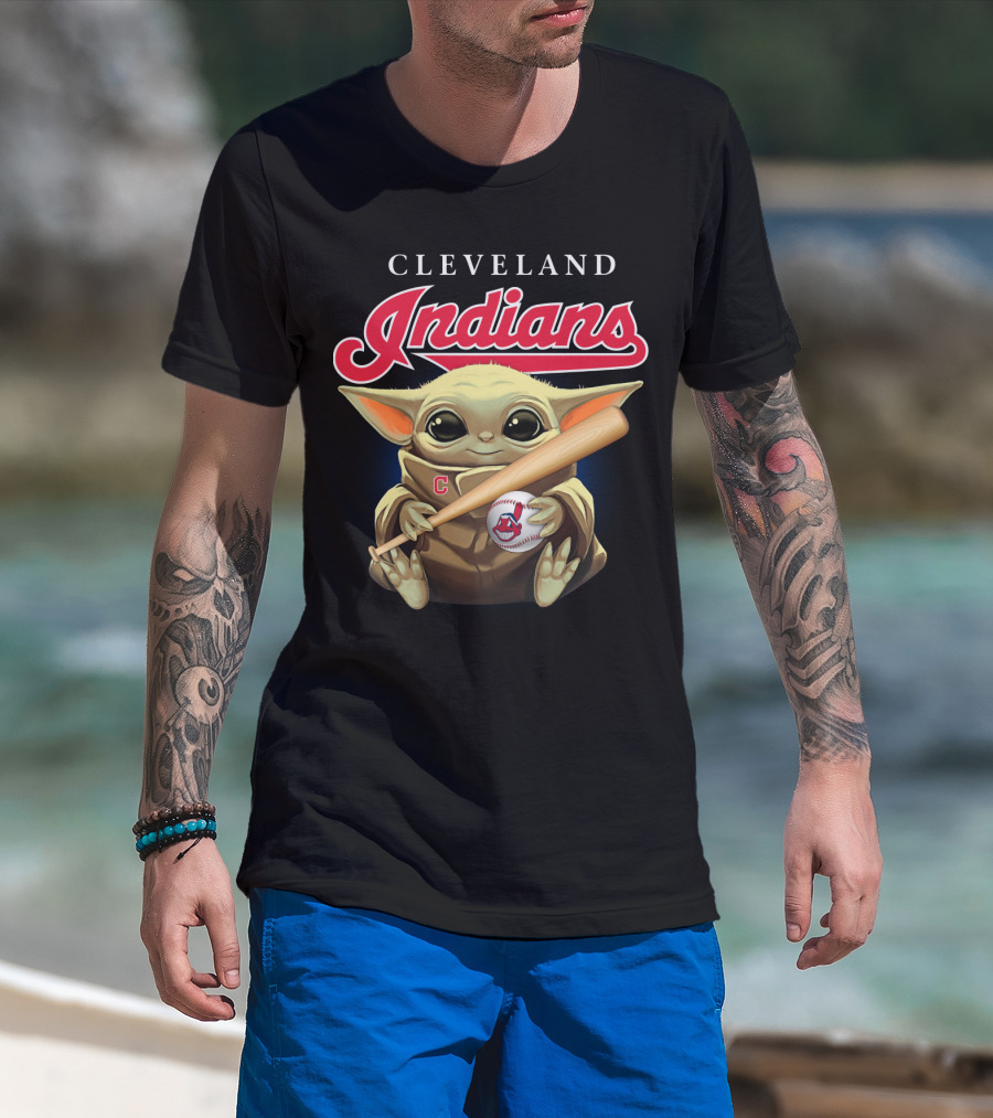 Cleveland Indians Baby Yoda Baseball Bat And Ball T-Shirt