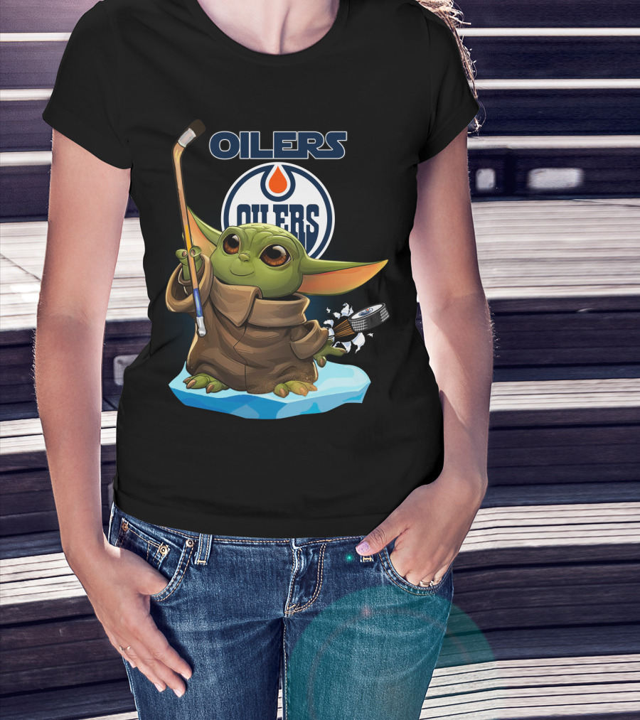 Oilers Baby Yoda Holding Hockey Stick And Puck On Ice T-Shirt