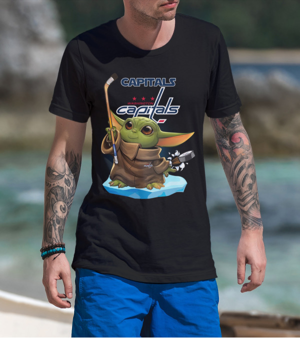 Washington Capitals Baby Yoda Hockey Sticks NHL Ice Skating Puck T-Shirt