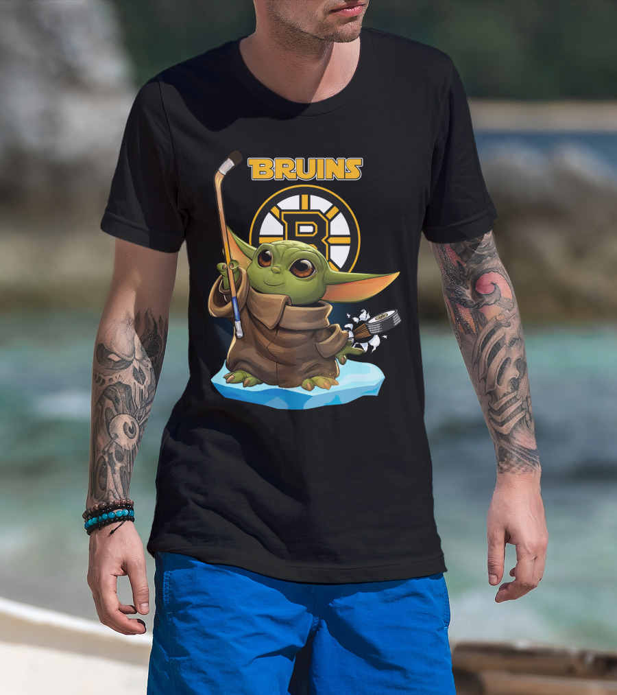 Bruins Boston Baby Yoda Nhl Hockey Stick Puck T-Shirt