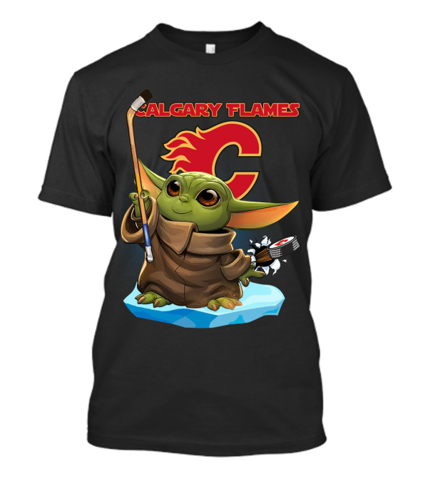 Calgary Flames Baby Yoda Nhl Hockey Crossover T-Shirt