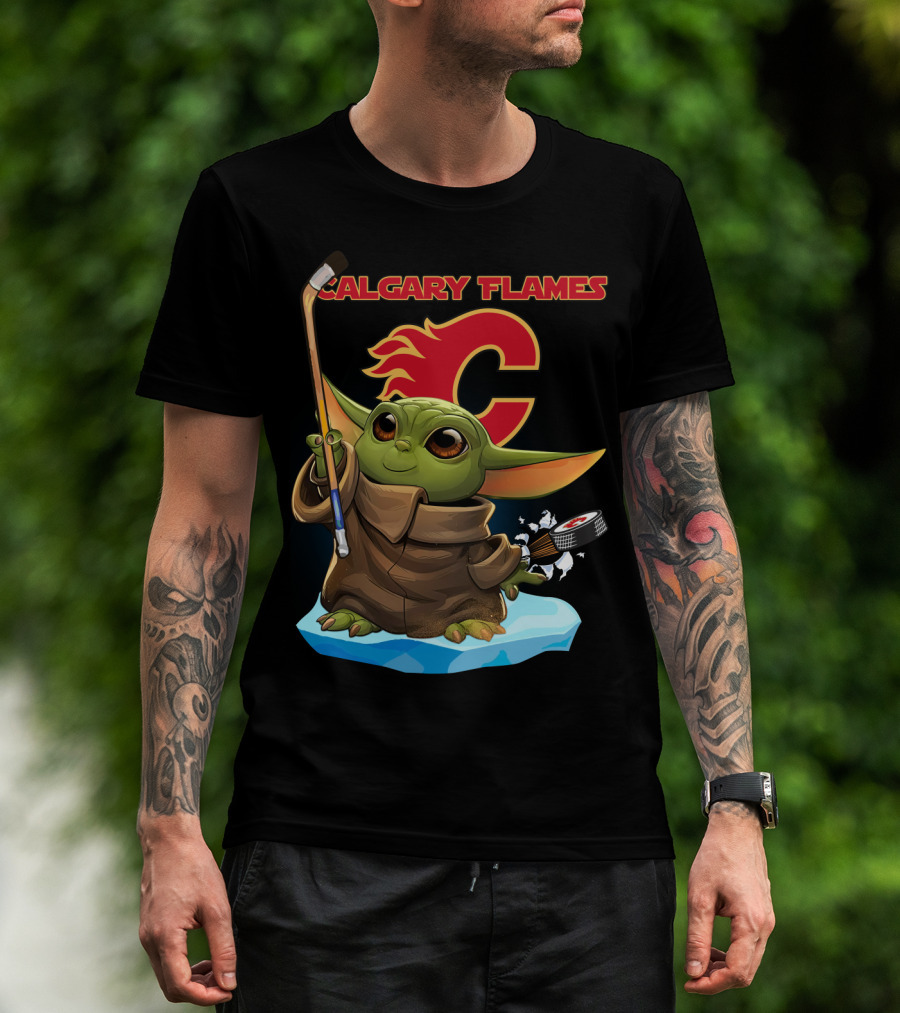 Calgary Flames Baby Yoda Nhl Hockey Crossover T-Shirt