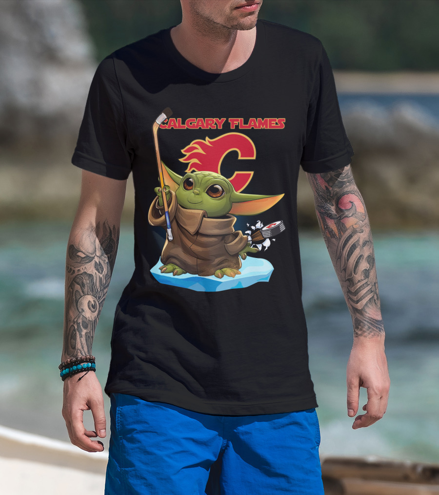 Calgary Flames Baby Yoda Nhl Hockey Crossover T-Shirt
