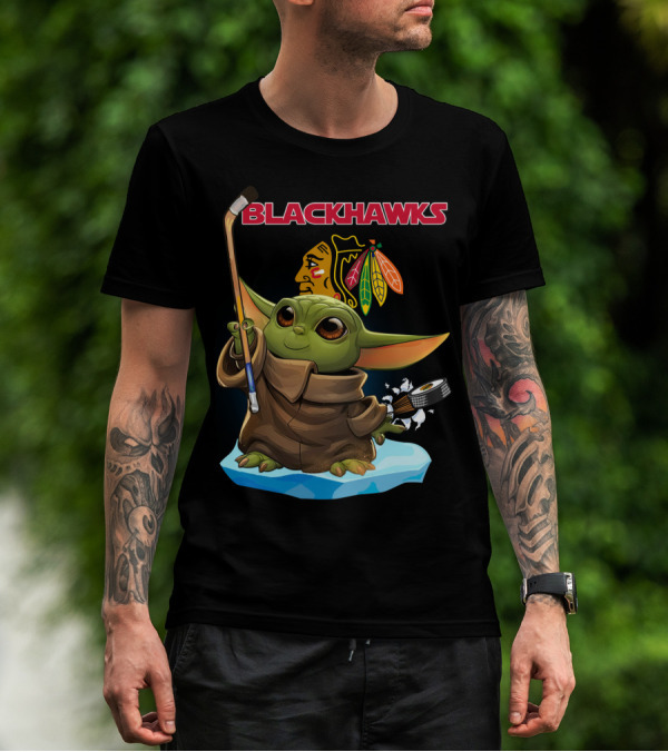 Chicago Blackhawks Baby Yoda NHL Hockey Star Wars Crossover T-Shirt