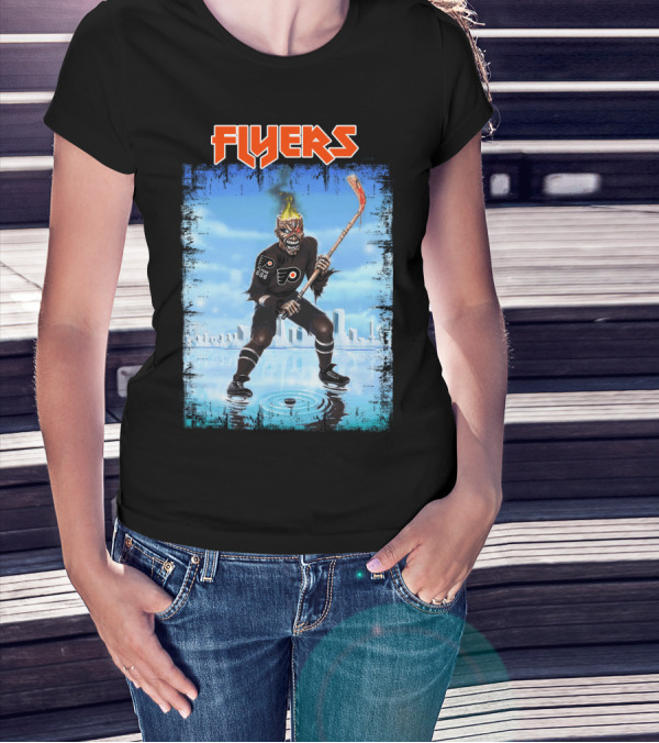 Flyers Hockey Demon With Flaming Head And Stick In Ice City Background T-Shirt
