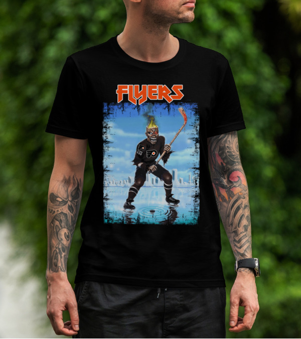 Flyers Hockey Demon With Flaming Head And Stick In Ice City Background T-Shirt