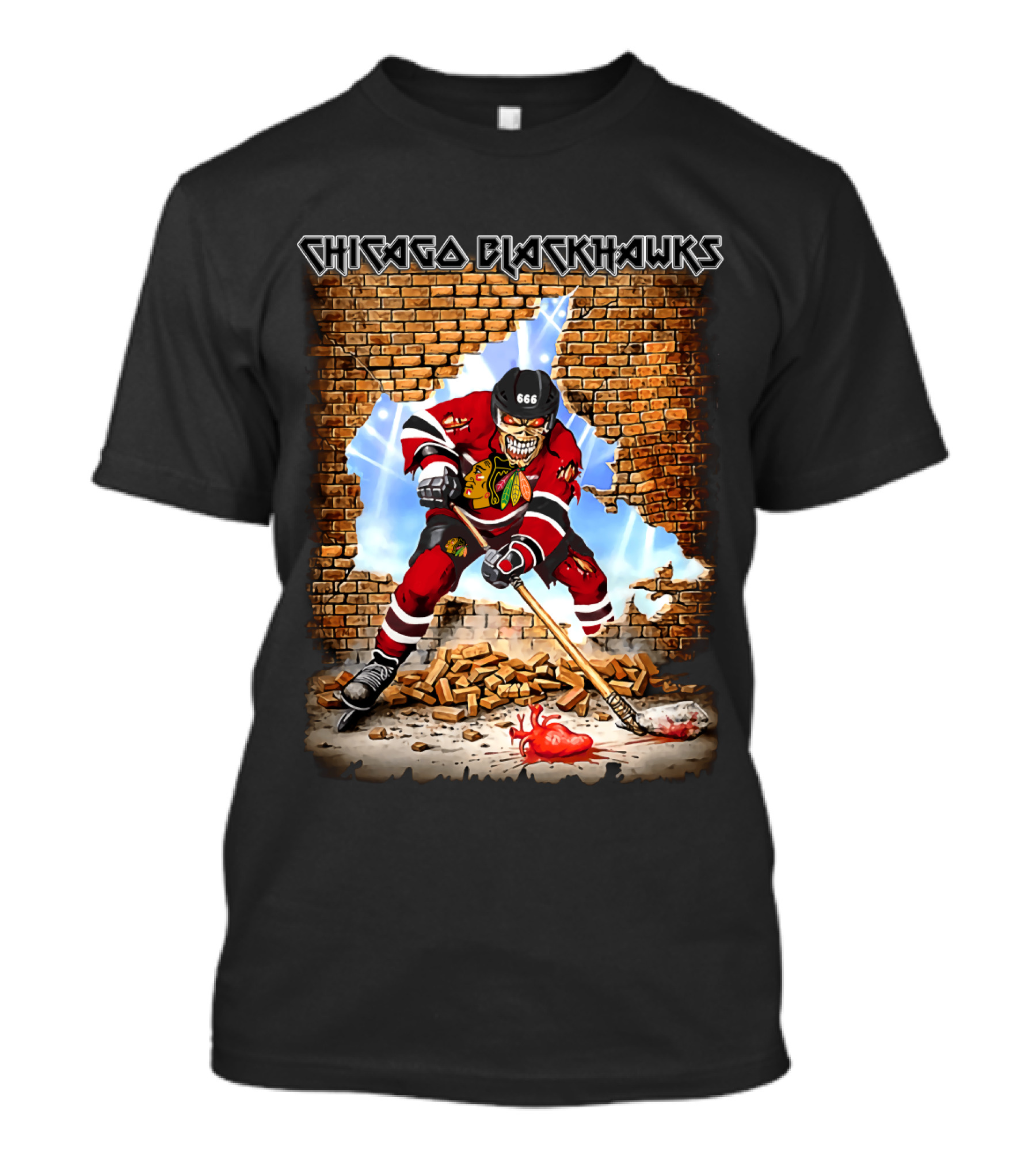 Chicago Blackhawks Skeleton Hockey Player Breaking Brick Wall T-Shirt