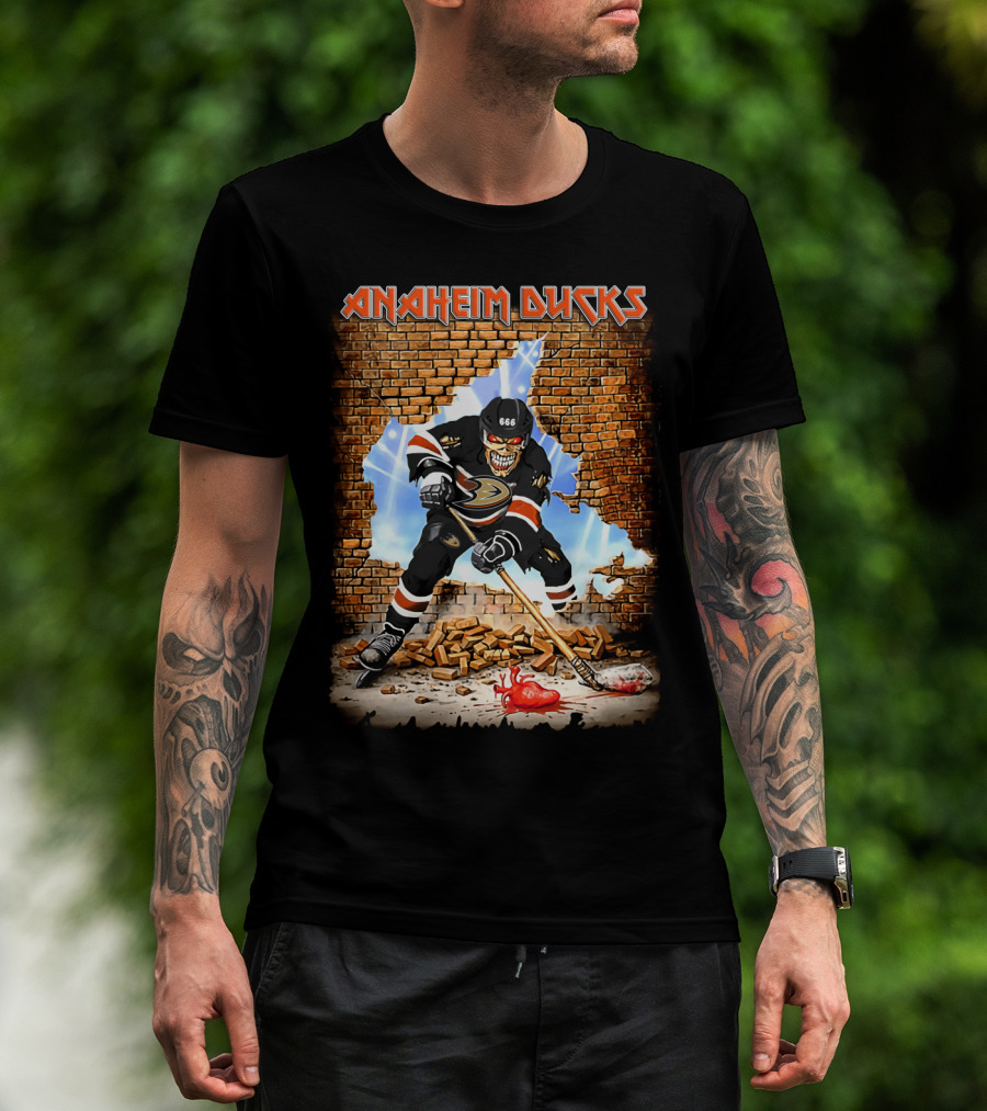 Anaheim Ducks Hockey Player Breaking Through Wall With Skeleton Face Jersey Number 666 T-Shirt