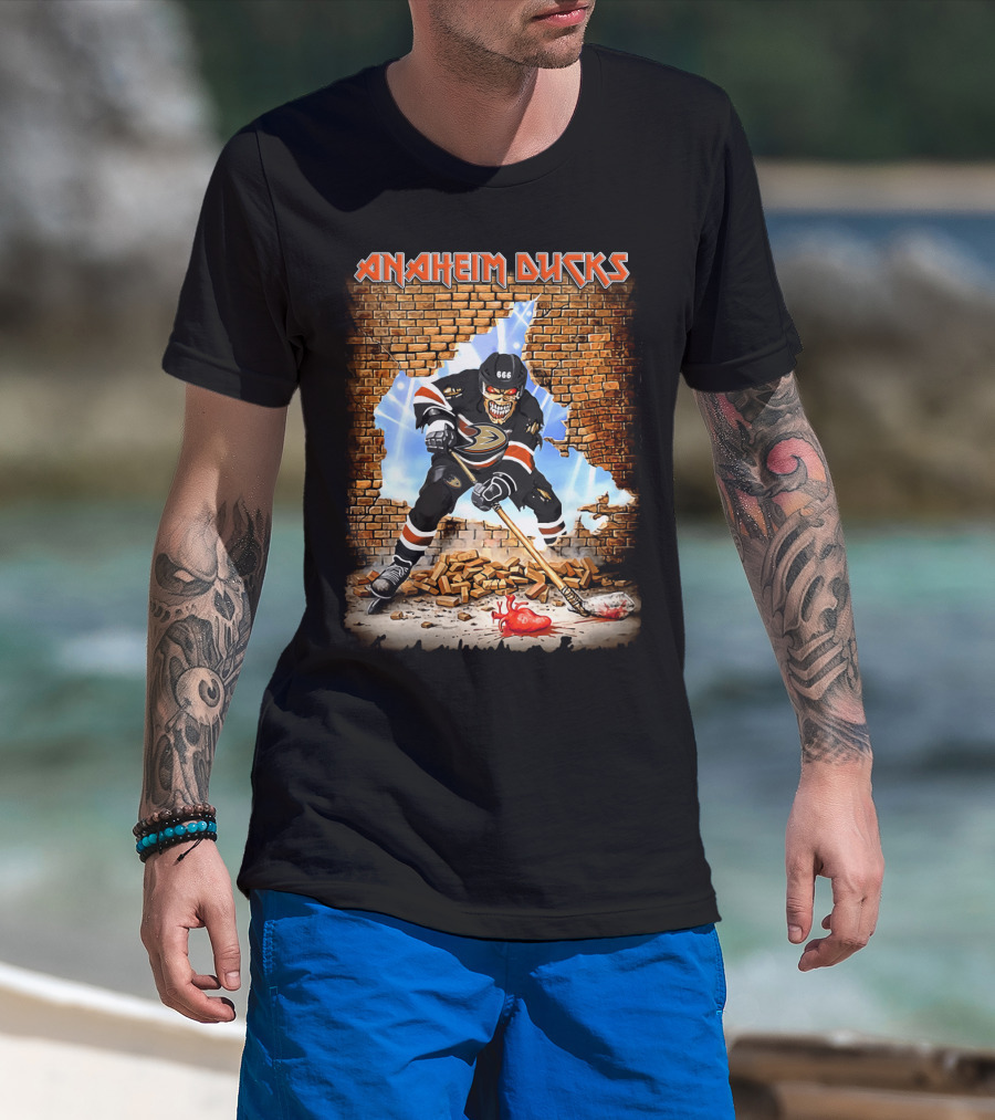Anaheim Ducks Hockey Player Breaking Through Wall With Skeleton Face Jersey Number 666 T-Shirt