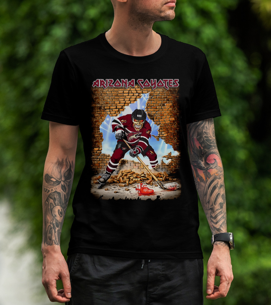 Arizona Coyotes Hockey Skeleton Player Breaking Through Brick Wall T-Shirt