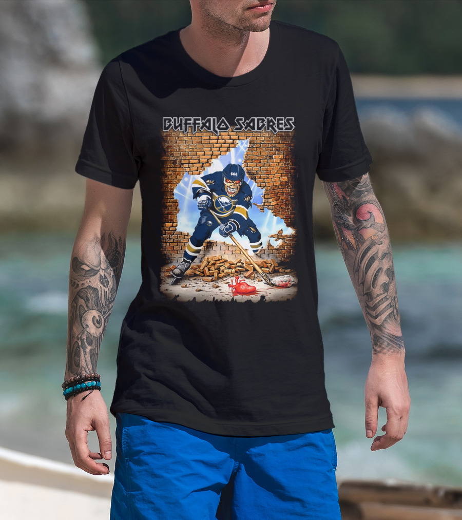 Buffalo Sabres Skeleton Hockey Player Breaking Brick Wall T-Shirt