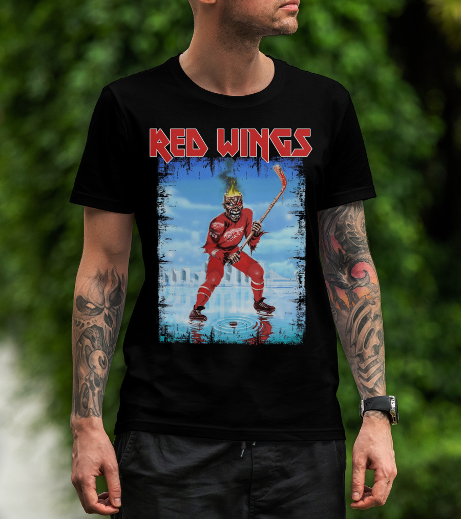 Red Wings Flaming Demon Hockey Player On Ice With Detroit Cityscape T-Shirt