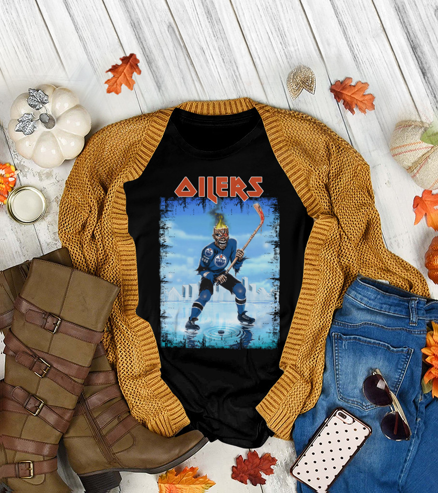 Oilers Edmonton Hockey Player With Fiery Skull And Hockey Stick T-Shirt