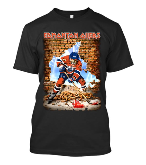 Edmonton Oilers Hockey Skeleton Breaks Through Brick Wall T-Shirt