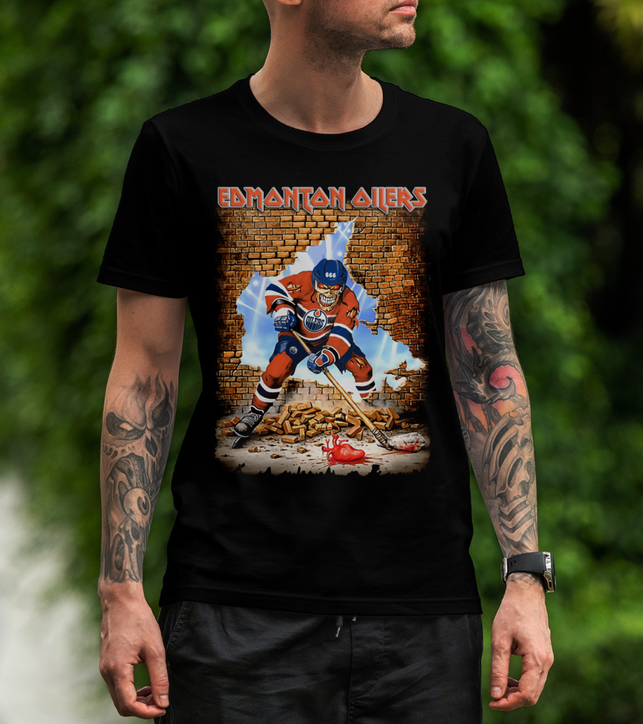 Edmonton Oilers Hockey Skeleton Breaks Through Brick Wall T-Shirt