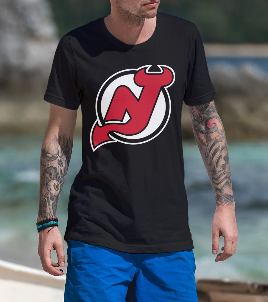 New Jersey Devils Nhl Team Logo Red N With Horns And Tail T-Shirt
