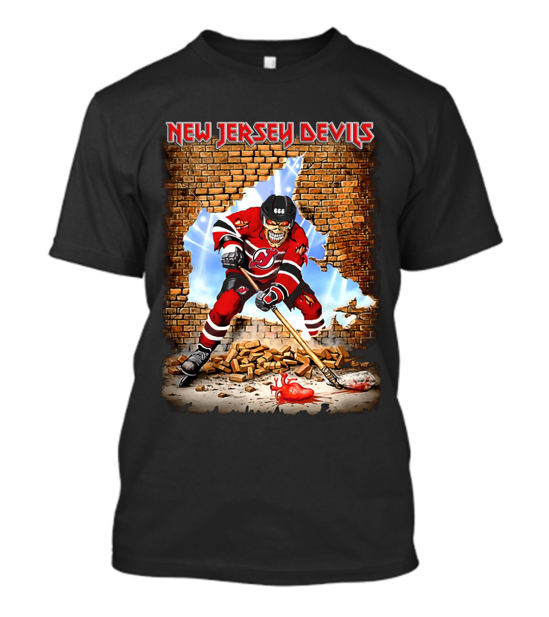 New Jersey Devils Skeleton Hockey Player Smash Brick Wall T-Shirt