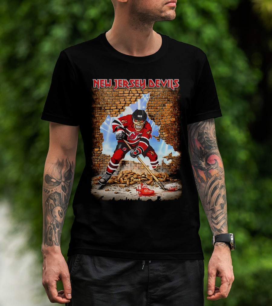 New Jersey Devils Skeleton Hockey Player Smash Brick Wall T-Shirt
