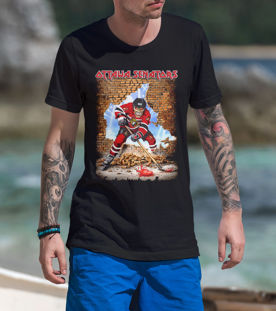 Ottawa Senators Hockey Skeleton Breaking Wall With 666 Helmet T-Shirt