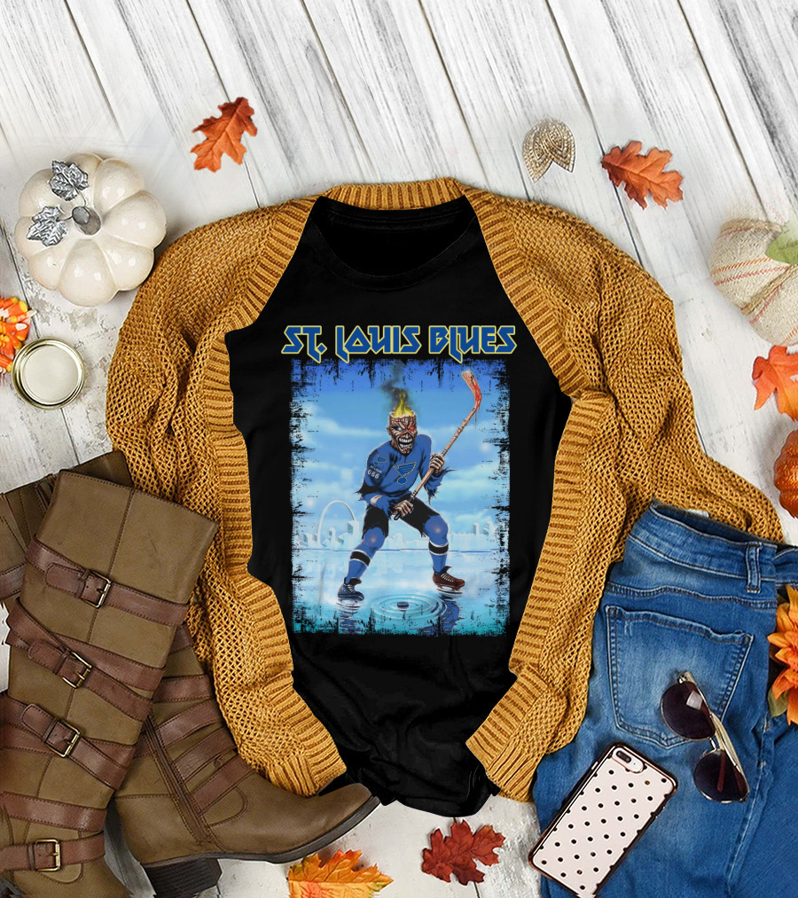ST. LOUIS BLUES Hockey Player with Fiery Head and Ice Arena Background T-Shirt