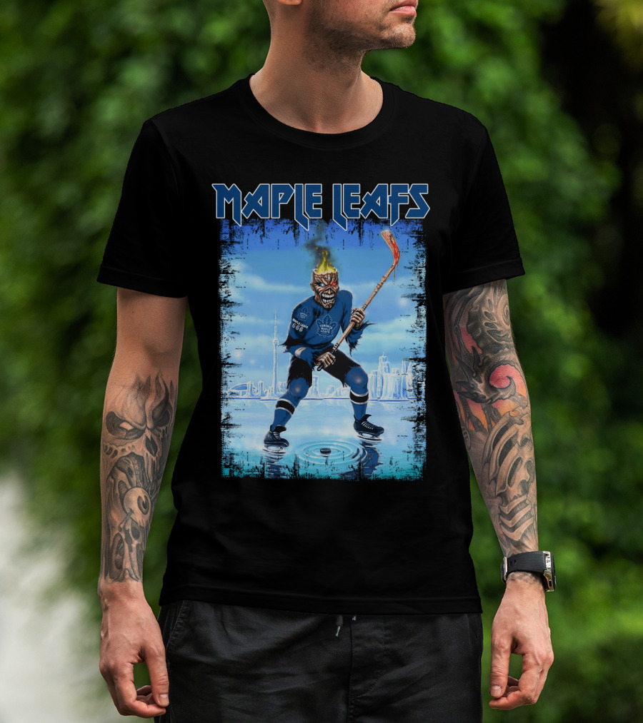 Maple Leafs Hockey Player With Fiery Skull And Hockey Stick On Ice In Front Of City Skyline T-Shirt
