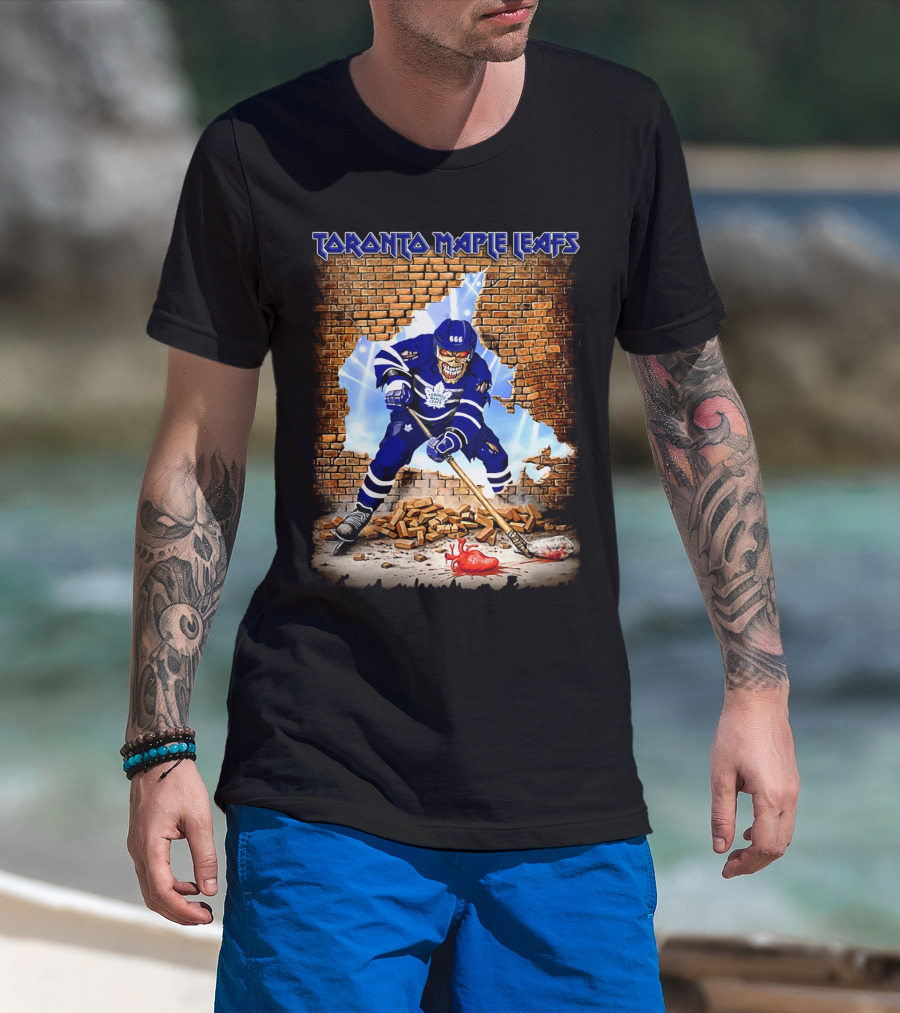 Toronto Maple Leafs Hockey Player Skeleton Breaking Brick Wall T-Shirt