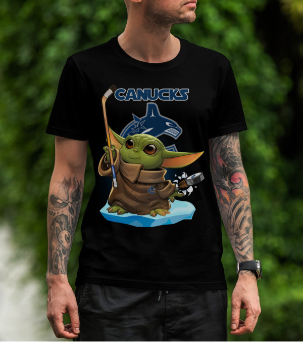 Canucks Baby Yoda Hockey Stick Puck Vancouver NHL T-Shirt
