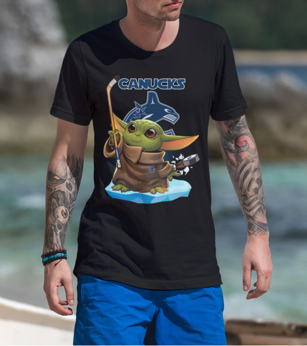 Canucks Baby Yoda Hockey Stick Puck Vancouver NHL T-Shirt