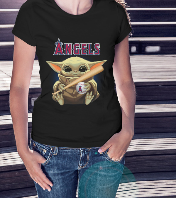Los Angeles Angels Baby Yoda Baseball Bat Holding T-Shirt