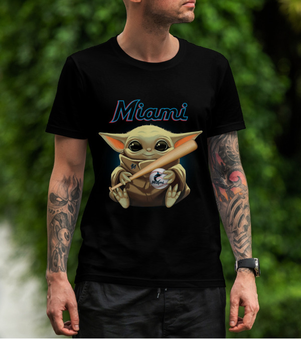 Miami Marlins Baby Yoda Baseball Bat And Ball T-Shirt