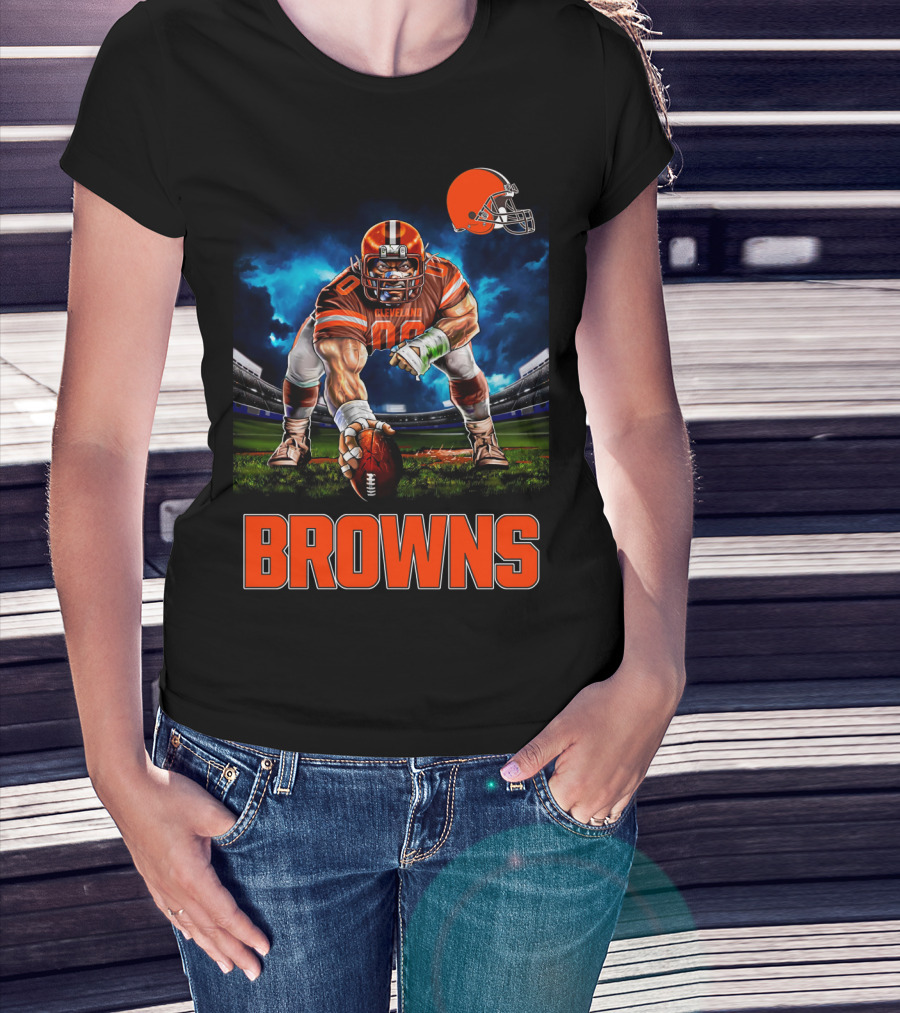Cleveland Browns Nfl 3 Point Stance Football Player Stadium Scene T-Shirt