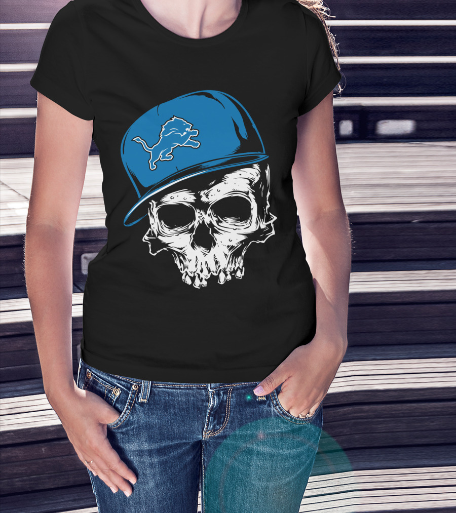 Detroit Lions Skull With Blue Cap Featuring Iconic Team T-Shirt
