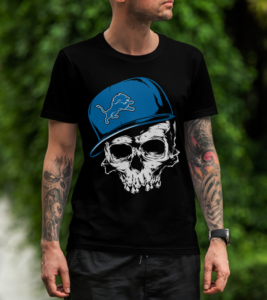 Detroit Lions Skull With Blue Cap Featuring Iconic Team T-Shirt
