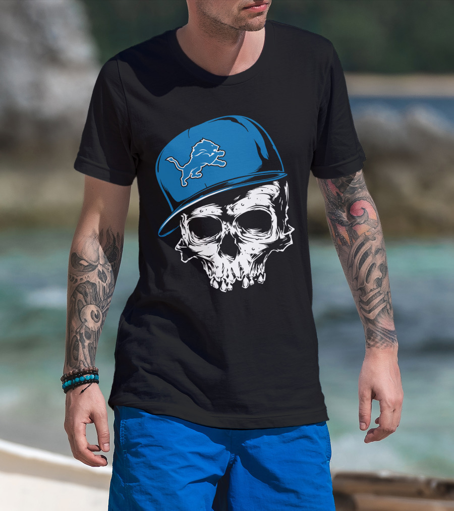 Detroit Lions Skull With Blue Cap Featuring Iconic Team T-Shirt