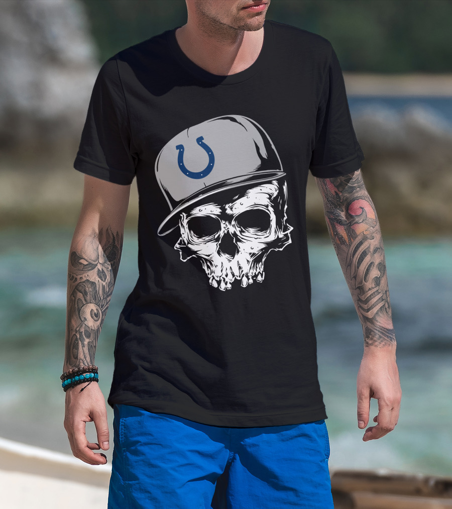 Indianapolis Colts Skull With Cap And Horseshoe T-Shirt