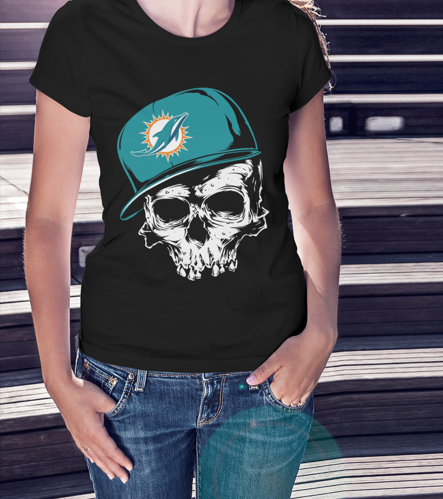 Miami Dolphins Skull With Teal Hat T-Shirt